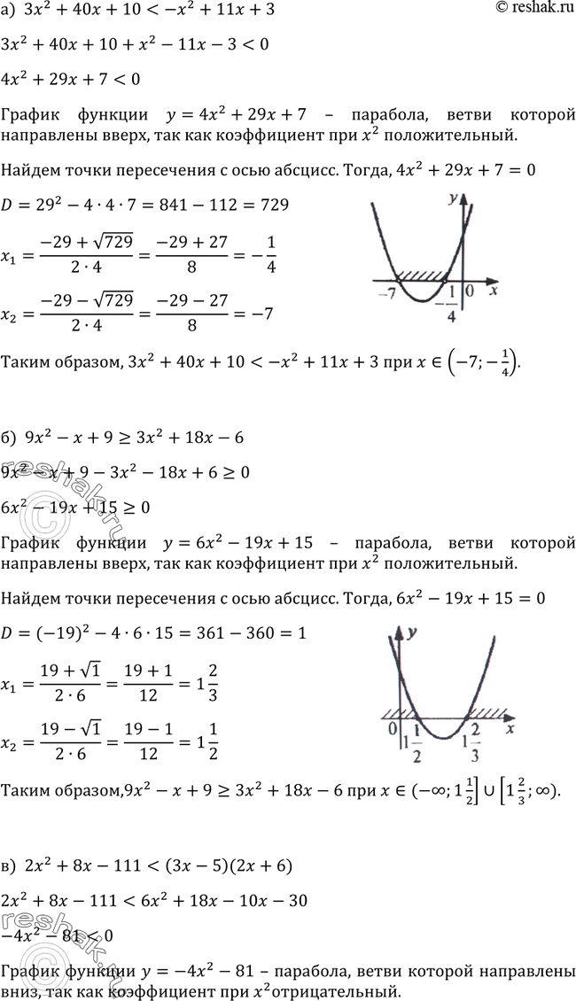 Изображение 312. Найдите множество решений неравенства:а) 3х2 + 40x + 10 < -х2 + 11x + 3;б) 9х2 - x + 9 > 3х2 + 18x - 6;в) 2x2 + 8x - 111 < (3x - 5)(2х + 6);г) (5x + 1)(3х -...