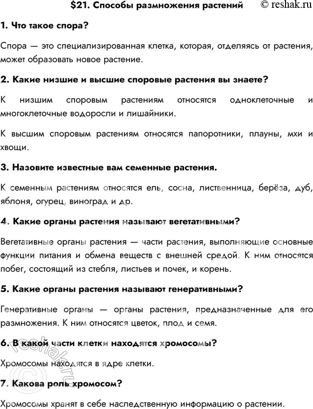 Изображение $21. Способы размножения растений1. Что такое спора?Спора — это специализированная клетка, которая, отделяясь от растения, может образовать новое растение.2. Какие...