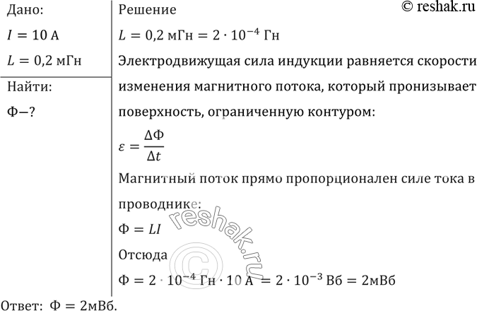Изображение Какой магнитный поток возникает в контуре индуктивностью 0,2 мГн при силе тока 10...