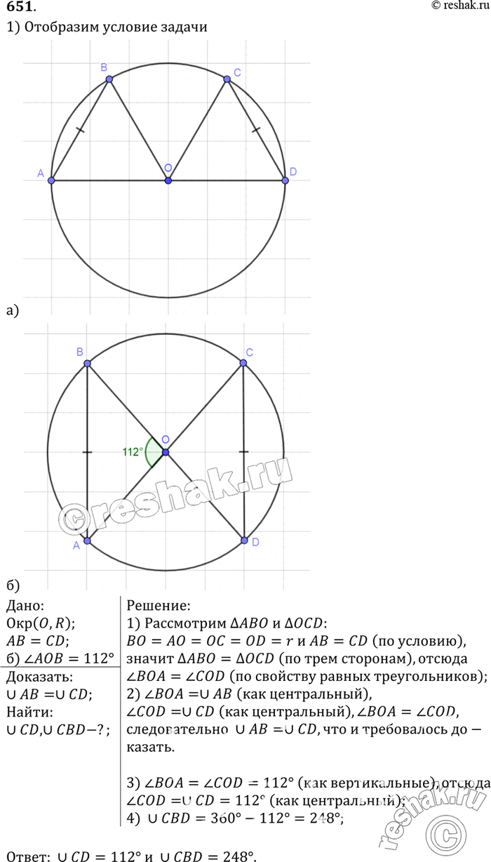 Изображение Хорды АВ и CD окружности с центром О равны.а) Докажите, что две дуги с концами А и В соответственно равны двум дугам с концами С и D.б) Найдите дуги с концами С и D,...