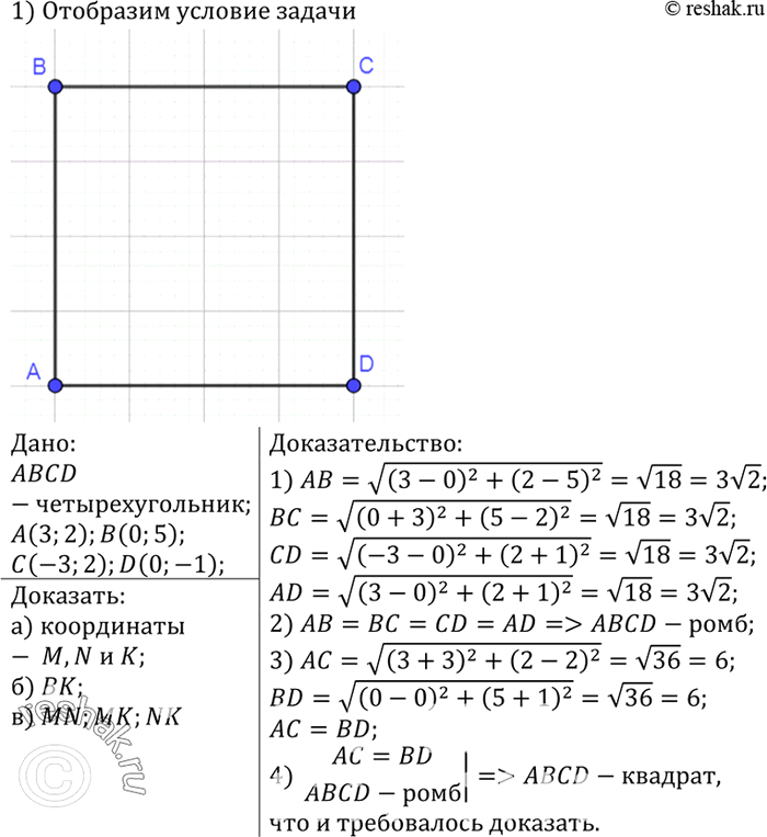 Изображение Докажите, что четырёхугольник ABCD, вершины которого имеют координаты А (3; 2), В (0; 5), С (-3; 2), D (0; -1), является...